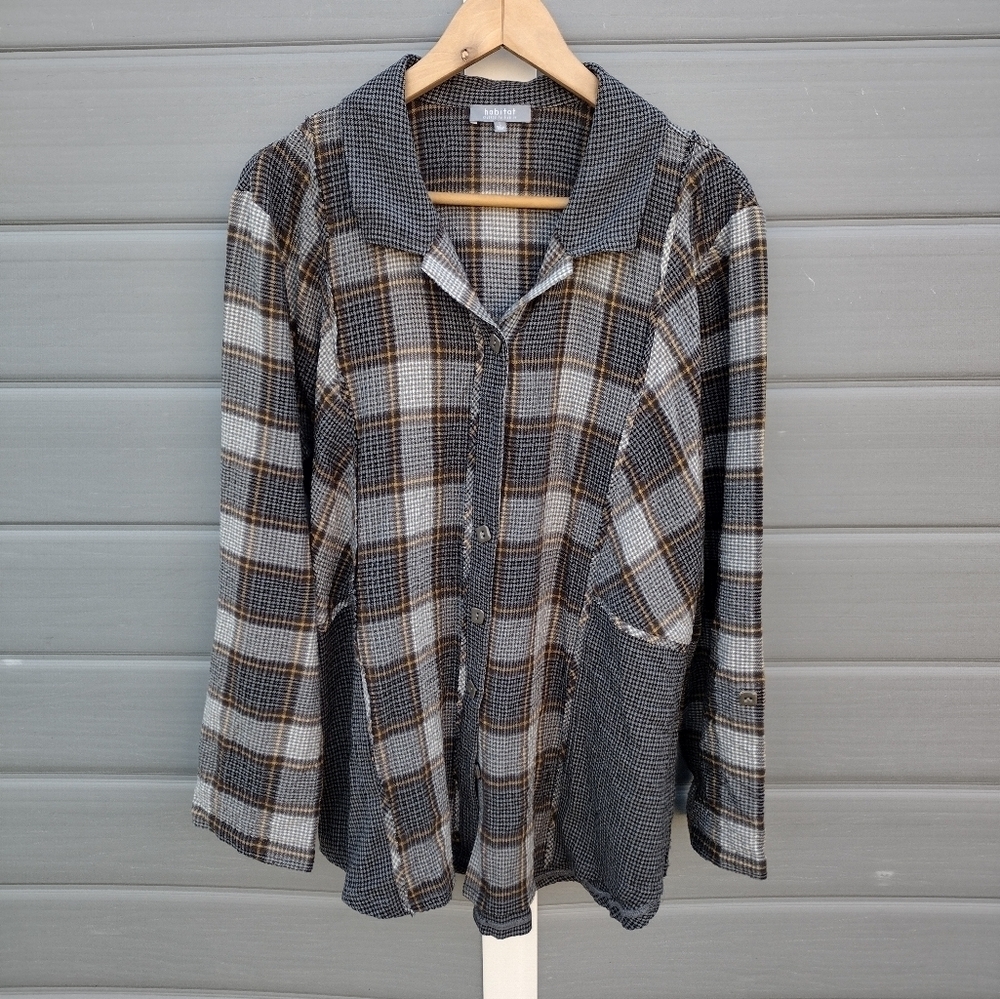 Habitat Clothes To Live In Women's Size L Tunic Blouse Plaid Stretch Lagenlook